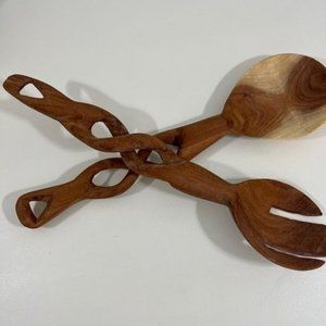 Vintage Hand Carved Wood Spiral Grip Salad Servers. (2 pc)  12"